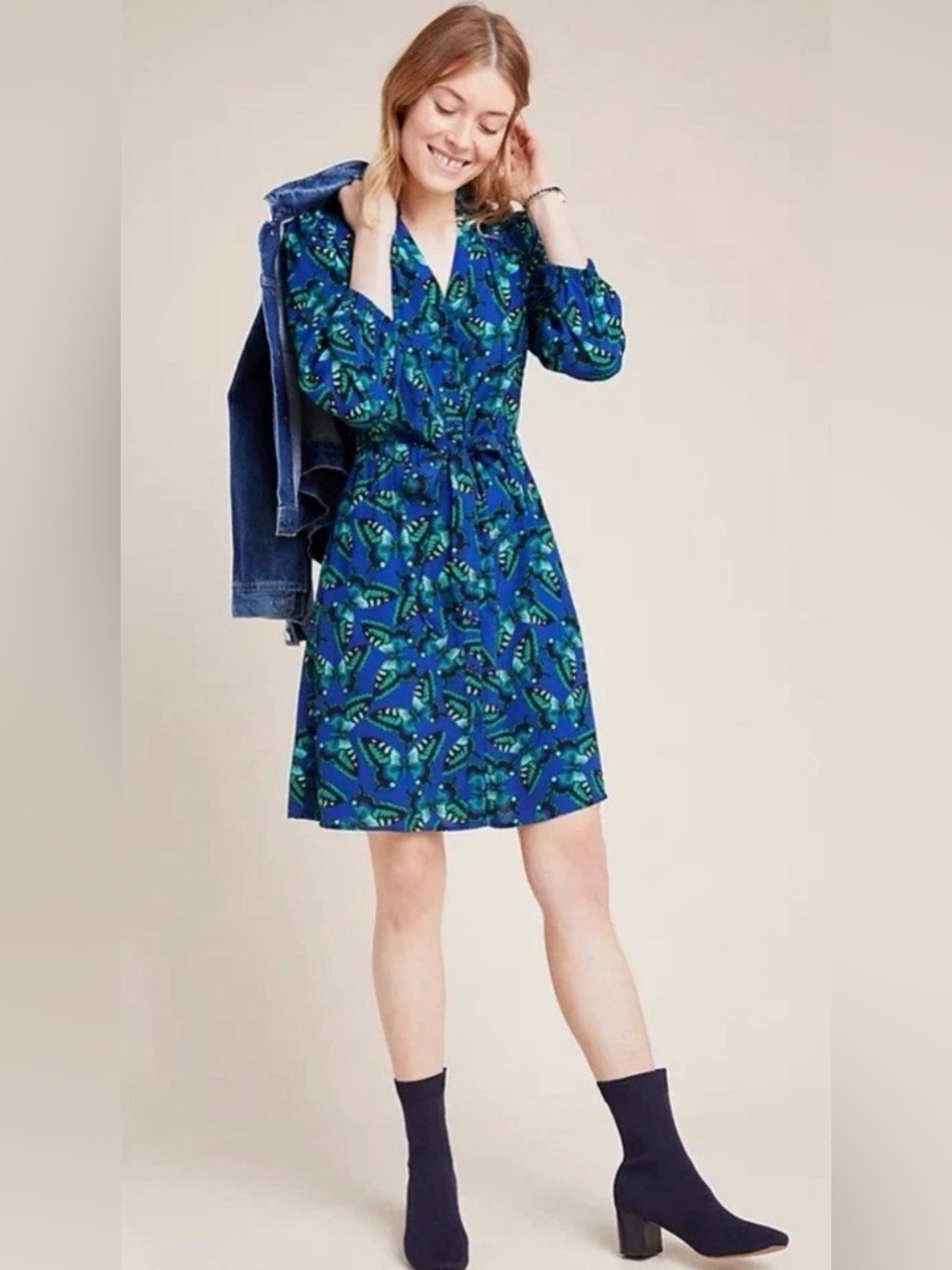 Anthropologie Blue and Green Leaf-Print V-Neck Tie-Waist Mini Dress